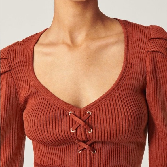 ba&sh Rust Orange V-Neck Sweater with Lace-Up Detail size Small - Picture 2 of 5